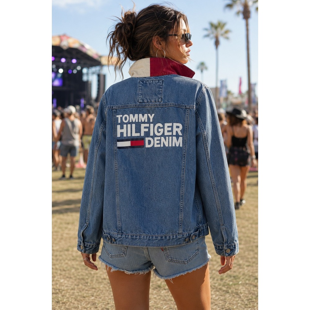 Tommy Hilfiger Womens Denim Jean Jacket XS Graphic Spellout Logo Y2K Streetwear